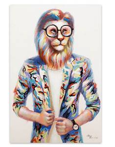 Tableau peint à la main Lion hipster Bois massif - Textile - 60 x 90 x 4 cm