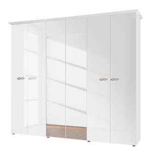 Drehtürenschrank Ambrosia Hochglanz Weiß - 237 x 214 cm - 6 Türen - Mit Kranzblende - 2 Spiegeltüren