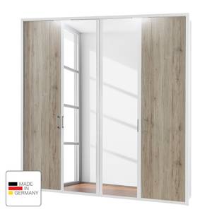 Draaideurkast Arizona Sleep Alpinewit/santana eikenhouten look - Breedte: 200 cm - 4 deuren - Met passe-partout lijst - Met verlichting - 2 spiegeldeuren