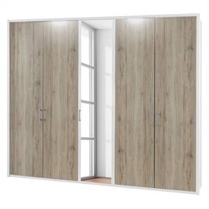 Armoire à portes battantes Arizona Sleep Blanc alpin / Imitation chêne du Santana - Largeur : 250 cm - 5 portes - Avec cadre passepartout - Avec éclairage - 1 miroir