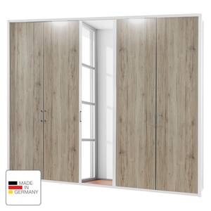 Armoire à portes battantes Arizona Sleep Blanc alpin / Imitation chêne du Santana - Largeur : 250 cm - 5 portes - Avec cadre passepartout - Avec éclairage - 1 miroir