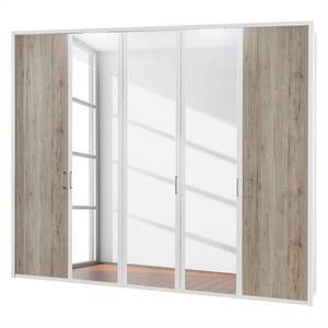 Armoire à portes battantes Arizona Sleep Blanc alpin / Imitation chêne du Santana - Largeur : 250 cm - 5 portes - Avec cadre passepartout - Avec éclairage - 3 miroir