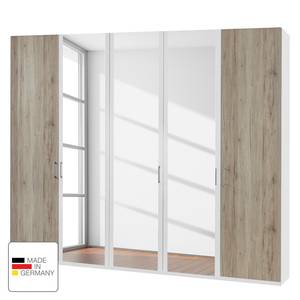 Draaideurkast Arizona Sleep Alpinewit/santana eikenhouten look - Breedte: 250 cm - 5 deuren - Zonder passe-partout lijst - Zonder verlichting - 3 spiegeldeuren