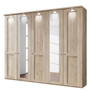 Armoire à portes battantes Bergamo Imitation chêne brut de sciage - Largeur : 250 cm - Avec corniche - Avec éclairage - 2 miroir