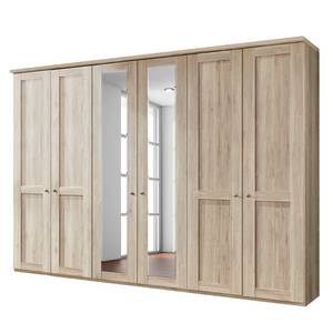 Armoire à portes battantes Bergamo Imitation chêne brut de sciage - Largeur : 300 cm - Avec corniche - Sans éclairage - 2 miroir