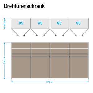 Draaideurkast Casano deels massief wild eikenhout - Breedte: 375 cm - 8 deuren - Met passe-partout lijst - 2 spiegeldeuren