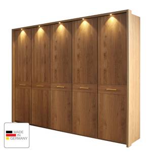 Armoire à portes battantes Faro Chêne verni partiellement massif - Largeur : 250 cm - 5 portes - Avec cadre passepartout - Avec éclairage - Sans portes miroir