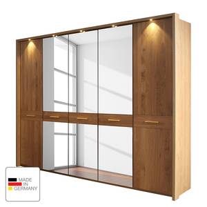 Armoire à portes battantes Faro Chêne verni partiellement massif - Largeur : 300 cm - 6 portes - Avec cadre passepartout - Avec éclairage - 2 miroir