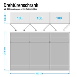 Draaideurkast Faro gelakt deels massief eikenhout - Breedte: 300 cm - 6 deuren - Met passe-partout lijst - 2 spiegeldeuren