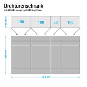 Draaideurkast Faro gelakt deels massief eikenhout - Breedte: 350 cm - 7 deuren - Met passe-partout lijst - 1 spiegeldeur