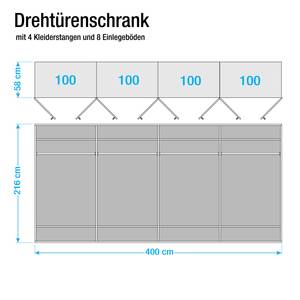 Draaideurkast Faro gelakt deels massief eikenhout - Breedte: 400 cm - 8 deuren - Zonder passe-partout lijst - 2 spiegeldeuren