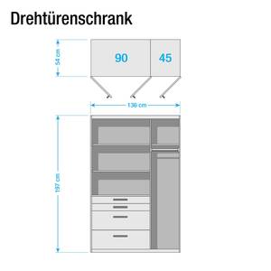 Draaideurkast Homburg II Wit/Sonoma eikenhouten look - Breedte: 136 cm - Zonder spiegeldeuren