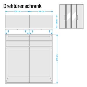 Armoire à portes battantes Lisbonne Imitation mélèze polaire / Havanna - Largeur : 200 cm - 4 portes - Avec cadre passepartout - Avec éclairage - 2 miroir