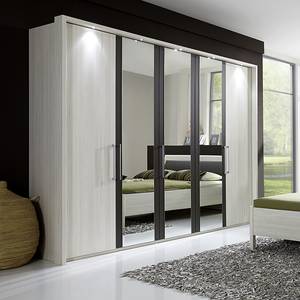 Draaideurkast Lissabon Polar larikshouten look/Havanna - Breedte: 300 cm - 6 deuren - Met passe-partout lijst - Met verlichting - 2 spiegeldeuren