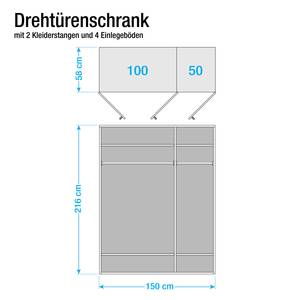 Armoire à portes battantes Münster Chêne partiellement massif - Largeur : 150 cm - 3 portes - Avec corniche - Sans éclairage - 1 miroir