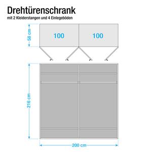 Draaideurkast Münster deels massief eikenhout - Breedte: 200 cm - 4 deuren - Met kroonlijst - Zonder verlichting - 2 spiegeldeuren