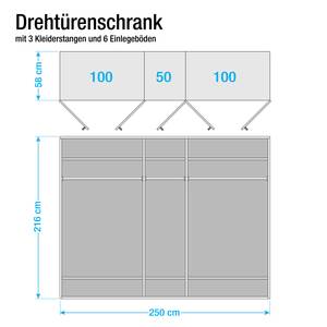 Drehtürenschrank Münster Eiche teilmassiv - Breite: 250 cm - 5 Türen - Mit Kranzblende - Ohne Beleuchtung - 1 Spiegeltür