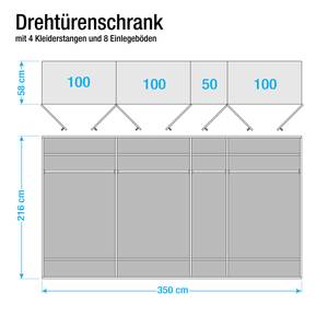 Drehtürenschrank Münster Eiche teilmassiv - Breite: 350 cm - 7 Türen - Mit Kranzblende - Ohne Beleuchtung - 3 Spiegeltüren