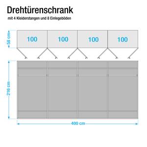 Drehtürenschrank Münster Eiche teilmassiv - Breite: 400 cm - 8 Türen - Mit Kranzblende - Ohne Beleuchtung - 2 Spiegeltüren