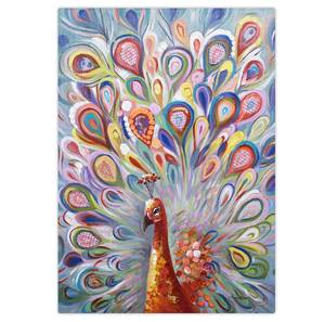 Tableau peint à la main Paon en couleur Bois massif - Textile - 70 x 100 x 4 cm