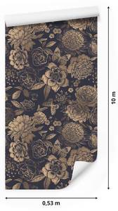 Papier Peint FLEURS Papillons Vintage Beige - Bleu - Marron - Gris - Papier - Textile - 53 x 1000 x 1000 cm