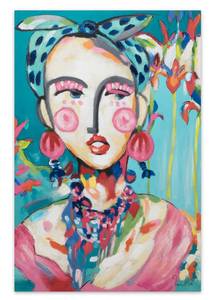 Acrylbild handgemalt Frida in Trad Blau - Pink - Massivholz - Textil - 60 x 90 x 4 cm