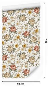 Papier Peint FLEURS Roses Camomille Beige - Marron - Vert - Orange - Papier - Textile - 53 x 1000 x 1000 cm