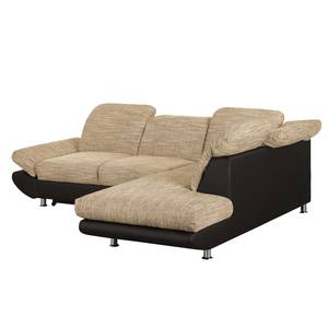 Ecksofa Bandya Kunstleder / Strukturstoff - Dunkelbraun / Beige - Ottomane davorstehend rechts - Schlaffunktion