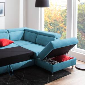 Canapé d'angle Calang Tissu - Bleu clair - Méridienne longue à droite (vue de face) - Fonction couchage - Coffre de lit