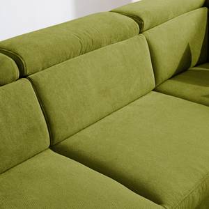 Canapé d'angle Calang Tissu - Vert gazon - Méridienne longue à droite (vue de face) - Fonction couchage - Coffre de lit