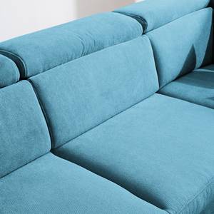 Canapé d'angle Calang Tissu - Bleu clair - Méridienne longue à droite (vue de face) - Fonction couchage - Coffre de lit
