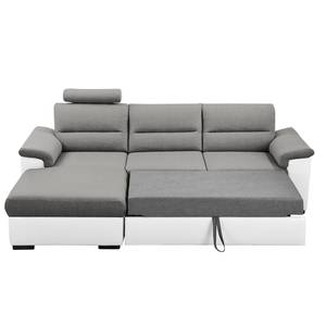 Ecksofa Callaway I mit Schlaffunktion - Strukturstoff/Kunstleder - Grau / Weiß - Longchair davorstehend links