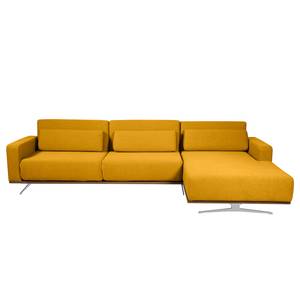 Ecksofa Copperfield II mit Schlaffunktion - Webstoff - Stoff Zahira: Senfgelb - Longchair davorstehend rechts