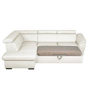 Canapé d'angle Didy Cuir véritable - Blanc - Méridienne longue à gauche (vue de face) - Fonction couchage - Coffre de lit