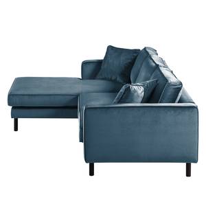 Ecksofa Edina Samt Dunkelblau - Longchair davorstehend links - Mit Hocker