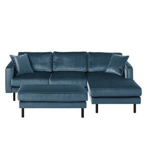 Ecksofa Edina Samt Dunkelblau - Longchair davorstehend rechts - Mit Hocker