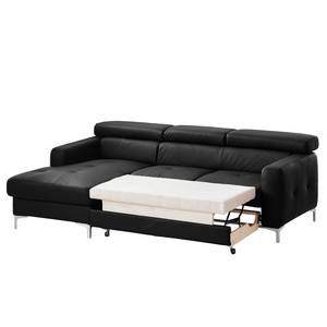 Canapé d'angle Eduardo I Cuir véritable - Noir - Méridienne courte à gauche (vue de face) - Fonction couchage - Coffre de lit