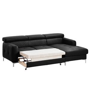Canapé d'angle Eduardo I Cuir véritable - Noir - Méridienne courte à droite (vue de face) - Fonction couchage - Coffre de lit