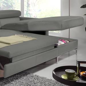 Canapé d'angle Eduardo Imitation cuir - Gris foncé - Méridienne courte à droite (vue de face) - Fonction couchage - Coffre de lit