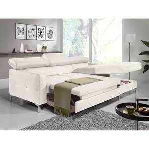 Canapé d'angle Eduardo Imitation cuir - Blanc - Méridienne courte à droite (vue de face) - Fonction couchage - Coffre de lit