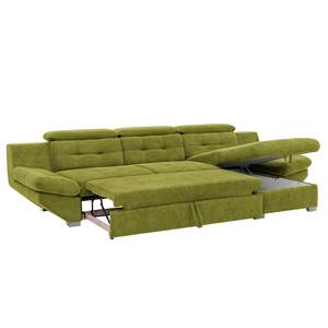 Canapé d'angle Estoi Microfibre - Vert pistache - Méridienne courte à droite (vue de face) - Fonction couchage - Coffre de lit
