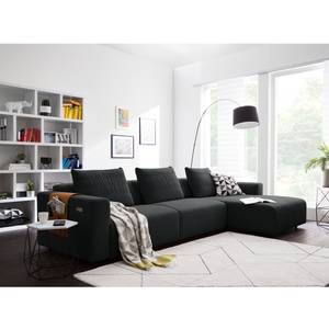 Ecksofa FINNY 3-Sitzer mit Longchair Webstoff Saia: Anthrazit - Longchair davorstehend rechts - Sitztiefenverstellung