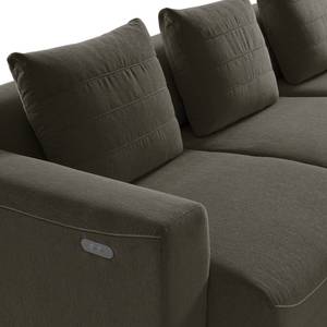 Canapé d’angle FINNY avec méridienne Tissu - Tissu Saia: Noir-Marron - Méridienne longue à droite (vue de face) - Avec réglage de la profondeur d'assise