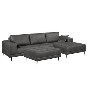 Ecksofa Flesk Antiklederlook Basalt - Ottomane davorstehend rechts - Mit Hocker