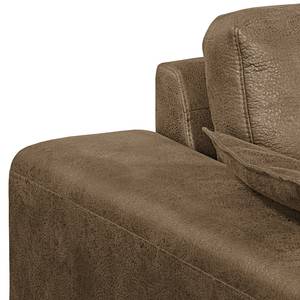 Canapé d'angle Flesk Aspect cuir ancien - Latte macchiatto - Méridienne longue à gauche (vue de face) - Avec repose-pieds