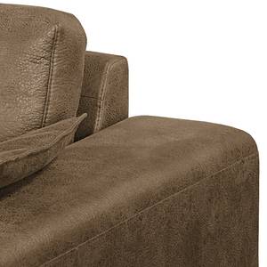 Canapé d'angle Flesk Aspect cuir ancien - Latte macchiatto - Méridienne longue à droite (vue de face) - Sans repose-pieds