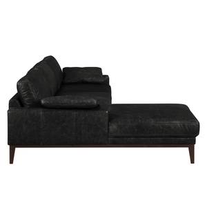 Ecksofa HORLEY mit Longchair Echtleder Cerys: Schwarz - Longchair davorstehend links