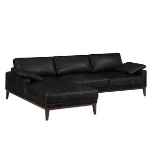 Ecksofa HORLEY mit Longchair Echtleder Cerys: Schwarz - Longchair davorstehend links