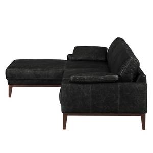 Ecksofa HORLEY mit Longchair Echtleder Cerys: Schwarz - Longchair davorstehend links