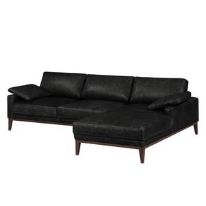 Ecksofa HORLEY mit Longchair Echtleder Cerys: Schwarz - Longchair davorstehend rechts